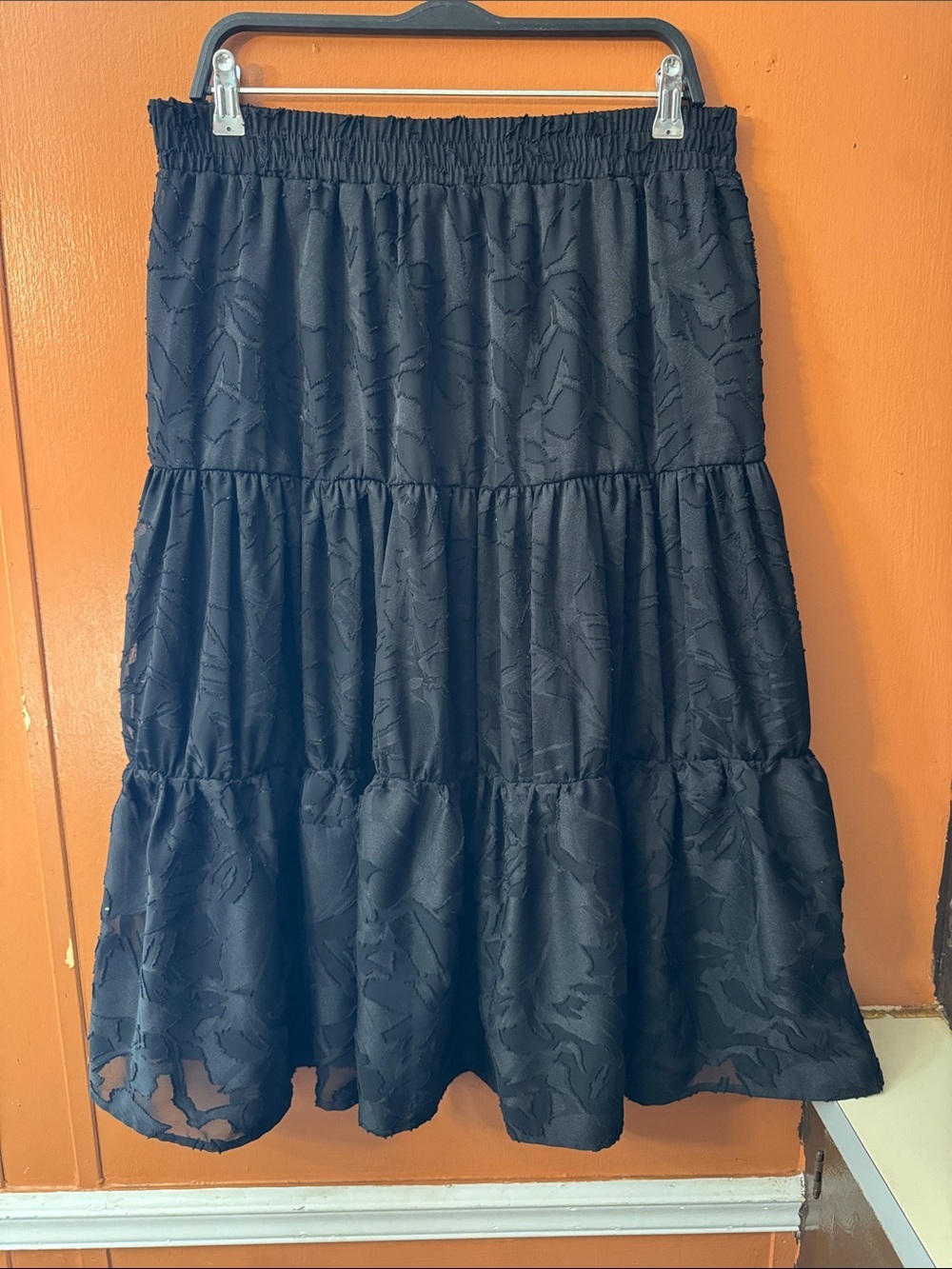 Michael Kors Black Tiered Midi Skirt with Jacquard Pattern
